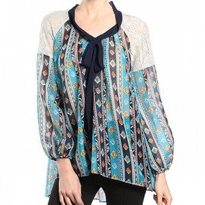 RYU Tribal Print Lace Trim Top